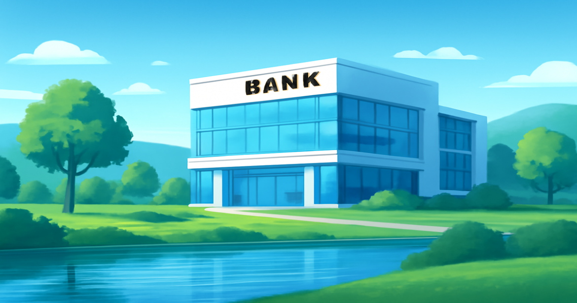 A beautiful bank building in a tranquil setting, illustrating a comparison of banks for current accounts.