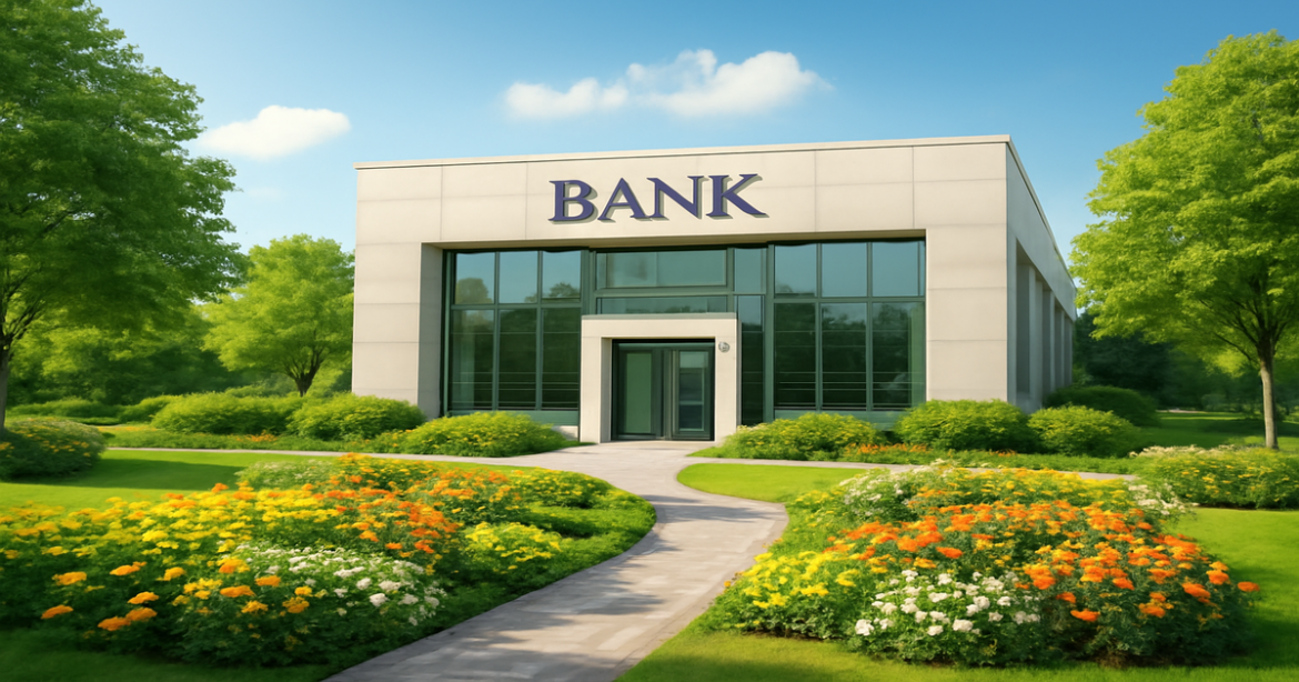 A bright bank building surrounded by nature, ideal for comparing banking services.