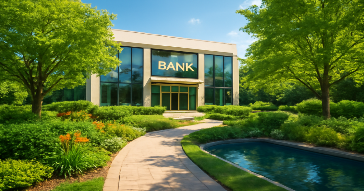 A tranquil bank facade scene for сравнение банков, highlighting financial services in a serene environment.