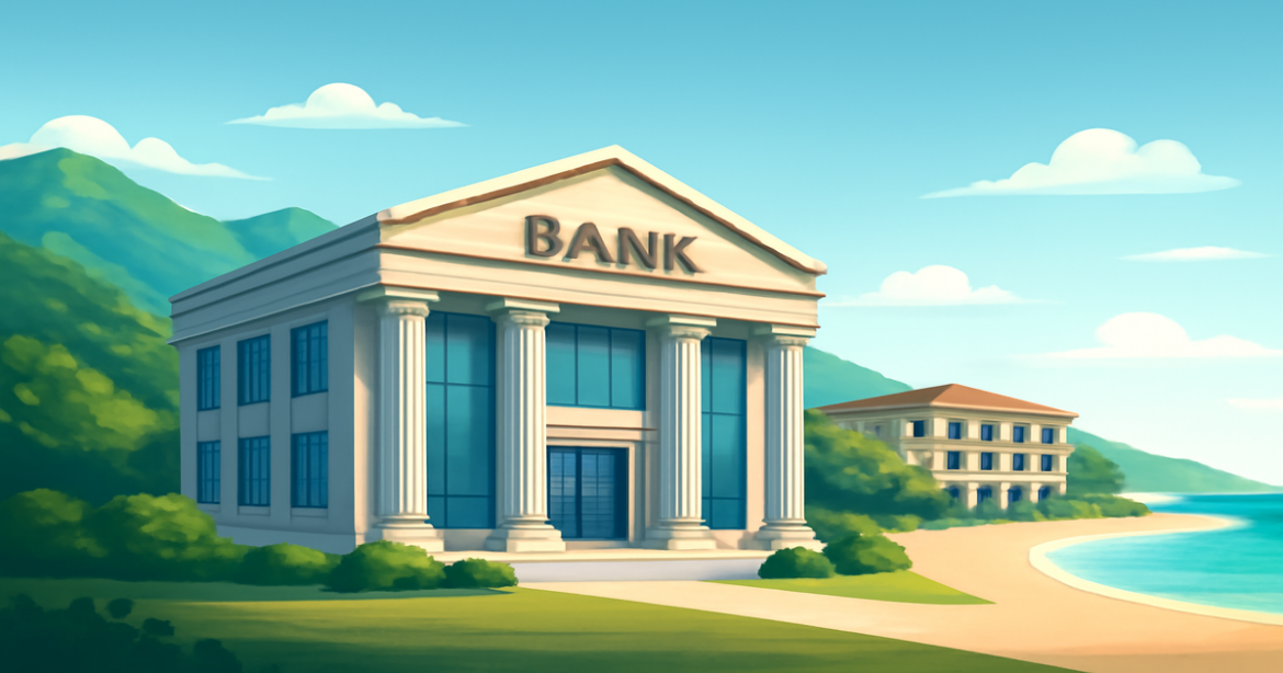 A serene scene depicting a bank, symbolizing сравнение банков for loans with favorable terms.