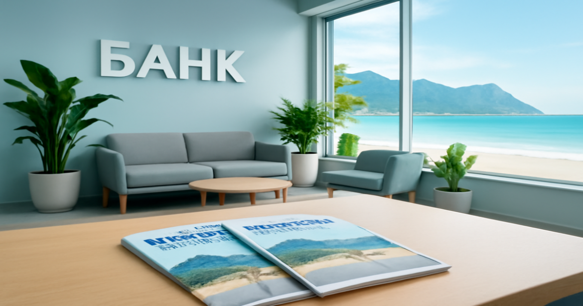 Explore the best банковские депозиты in a relaxing and modern bank setting with a scenic view.
