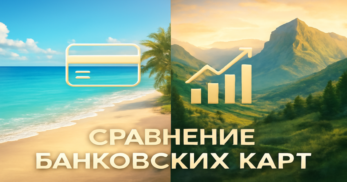 Explore 'сравнение банковских карт' with a scenic view of beaches and mountains representing financial choices.