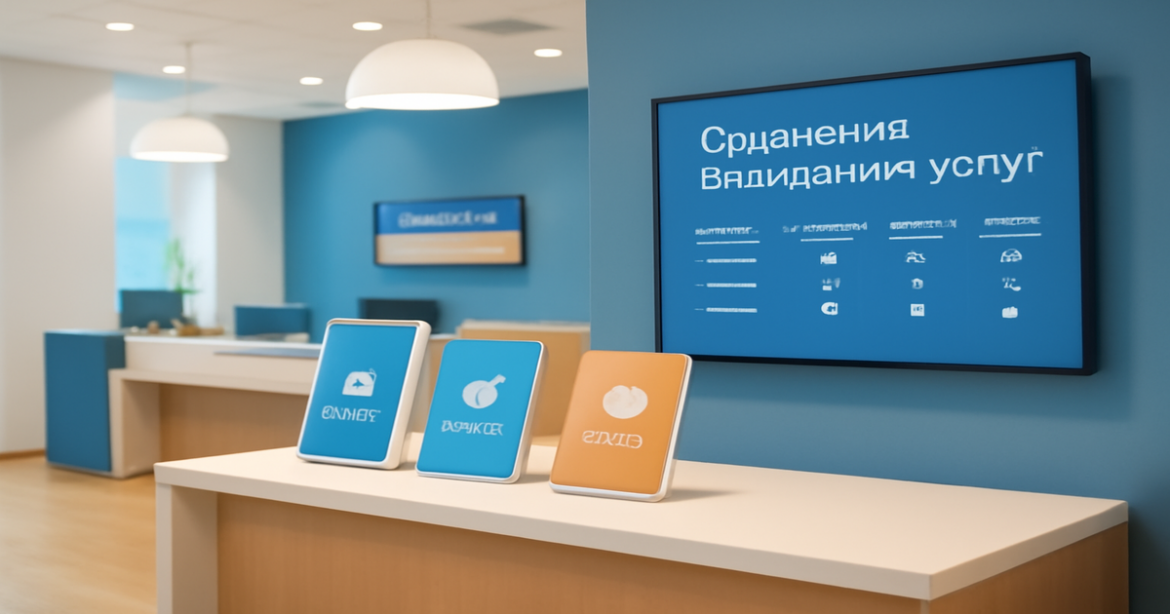 A bright, professional image illustrating сравнение банковских услуг in a modern bank setting.