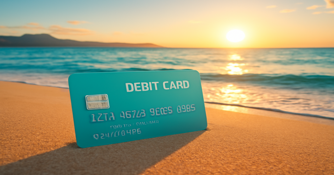 Explore the best debit cards with a relaxing beach scene, highlighting financial freedom and management.