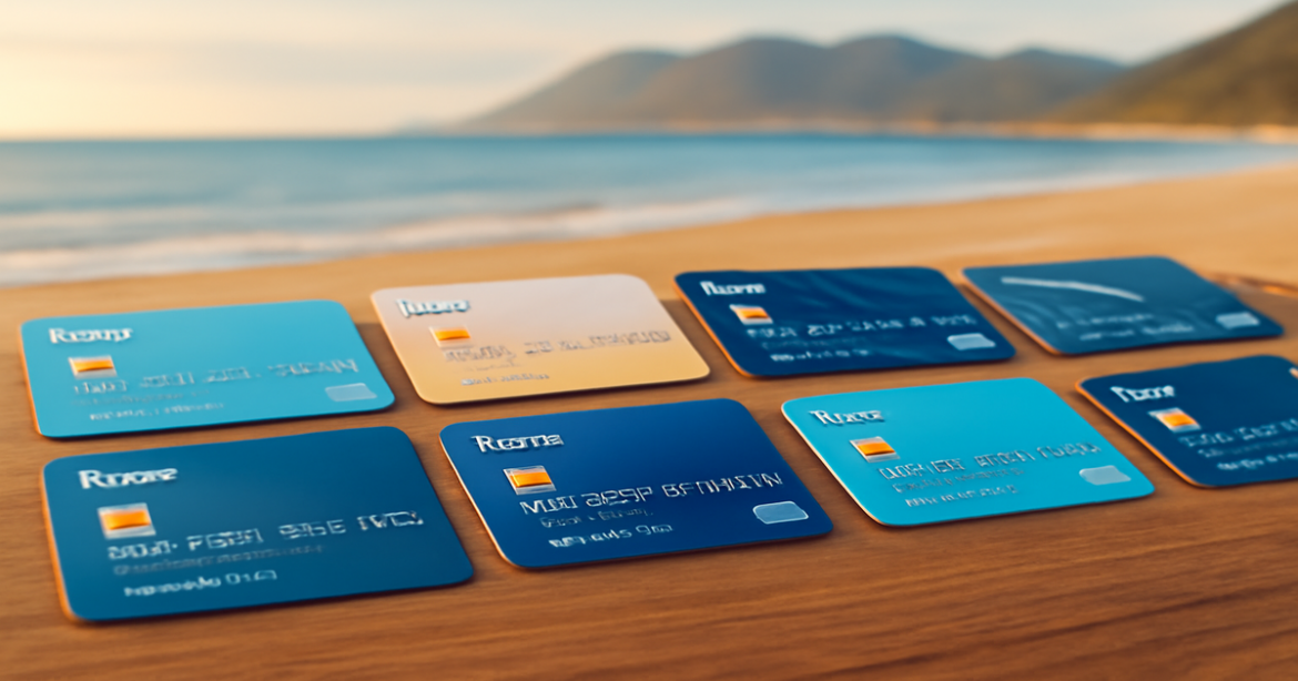 Explore various дебетовые карты displayed against a relaxing beach backdrop, perfect for financial choices.