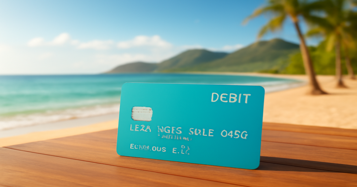 A debit card on a beachside table, highlighting choices for everyday expenses.