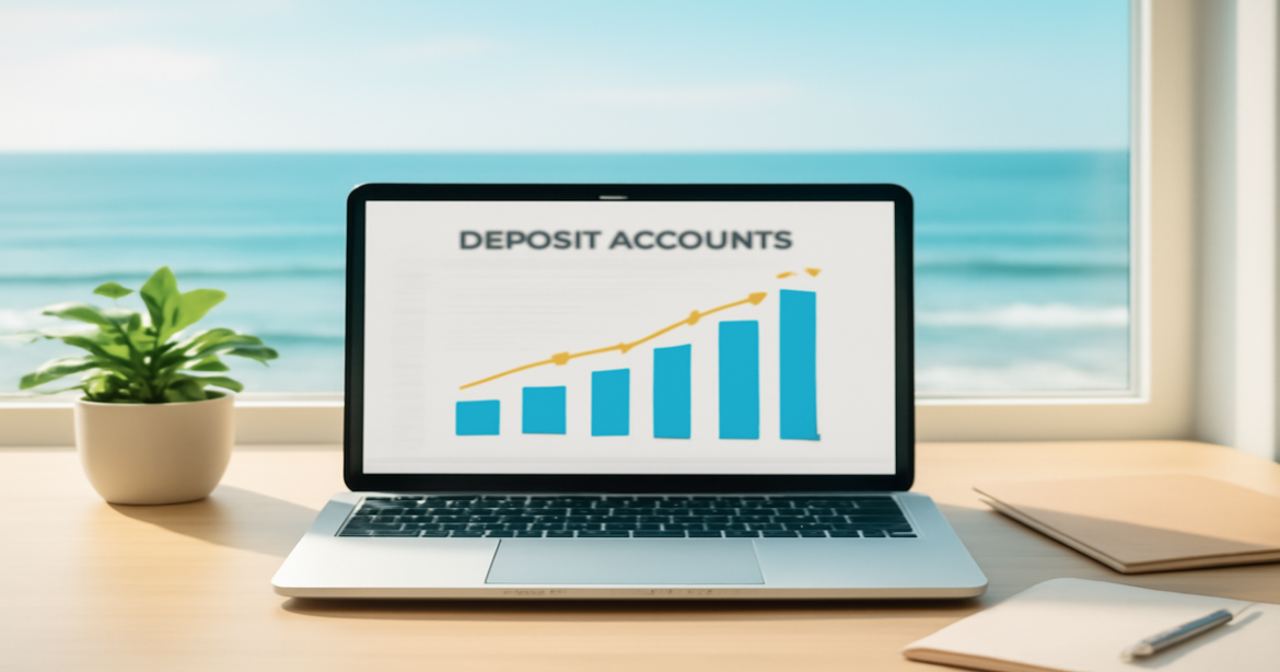 A relaxing scene highlighting deposit accounts with a coastal backdrop for financial planning.
