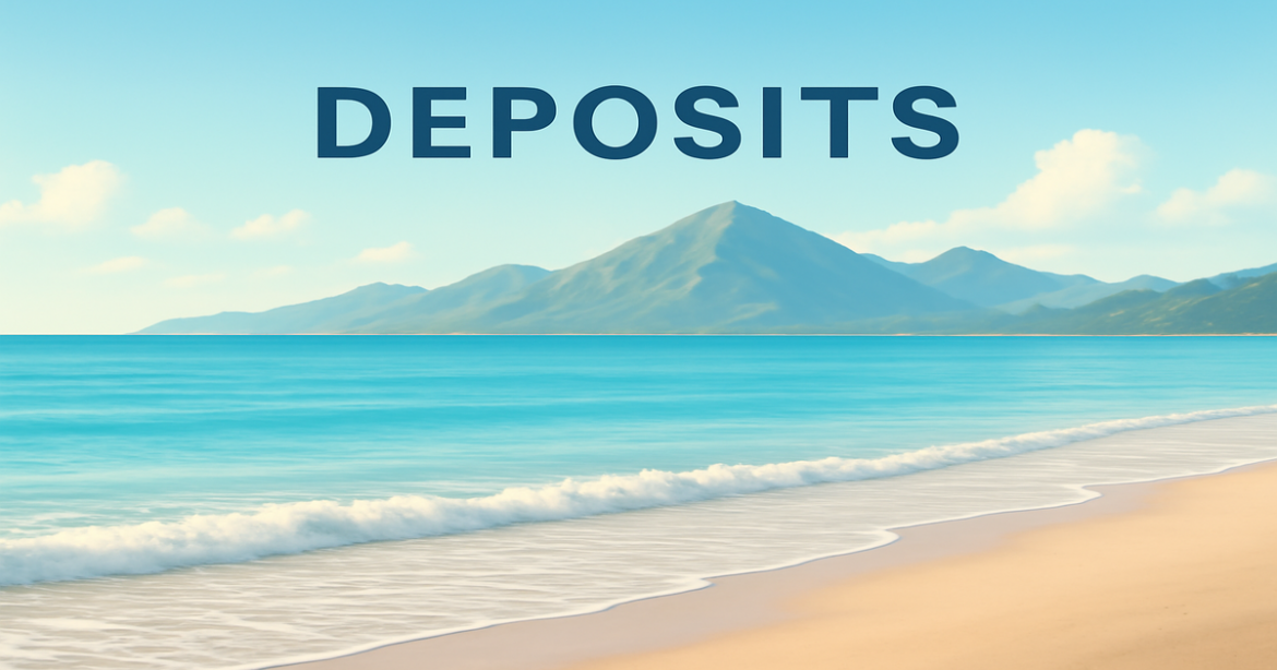 A peaceful beach and mountains symbolizing сравнение депозитов for savings choices in 2026.