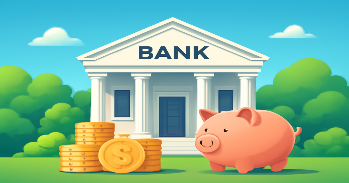 A serene bank building with symbols of депозиты, conveying financial security and savings.
