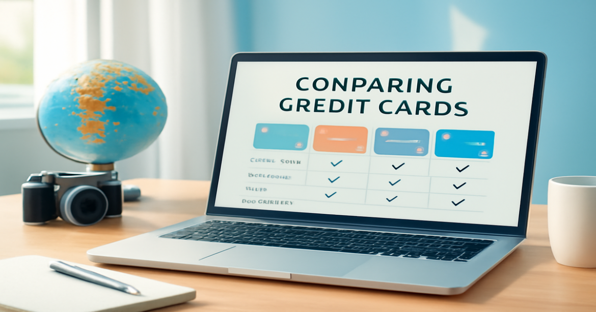 Comparison of credit cards with a focus on benefits, featuring travel-related items, bright and relaxing atmosphere.