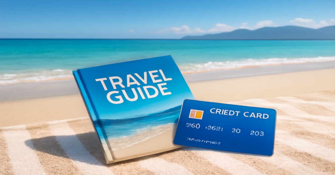 A serene beach scene illustrating 'сравнение кредитных карт' with a travel guidebook and credit card.