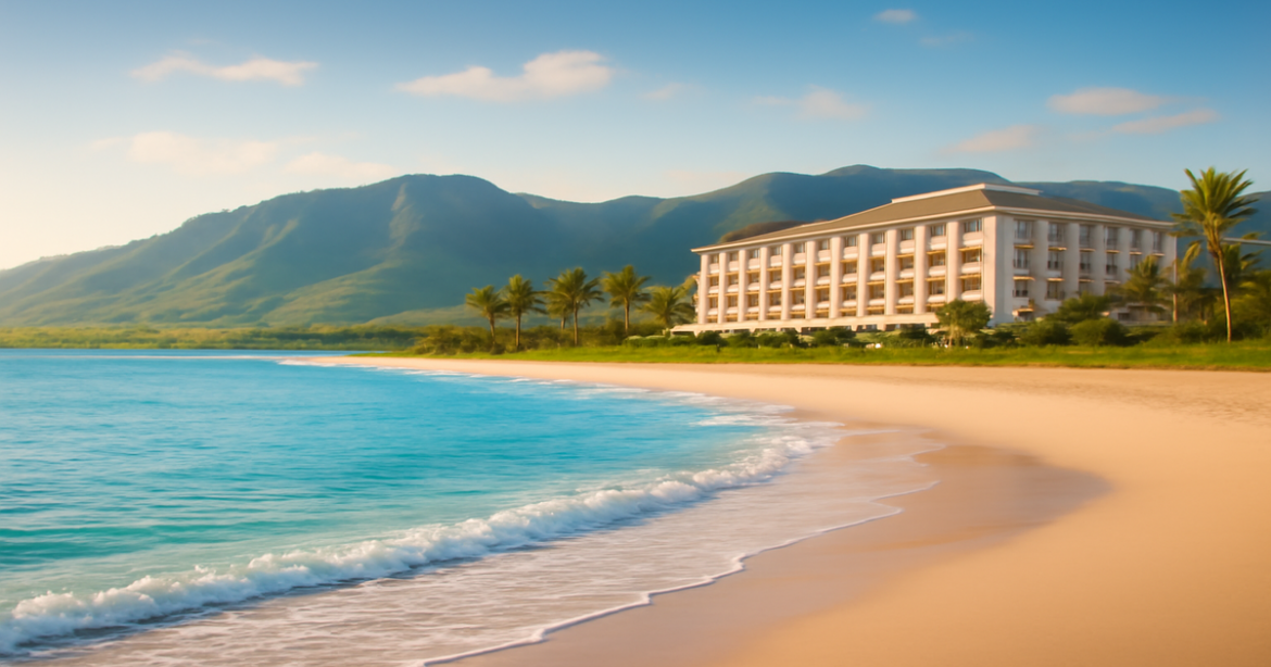 An inviting landscape for comparing loans, featuring a beach, mountains, and a hotel, promoting financial peace.