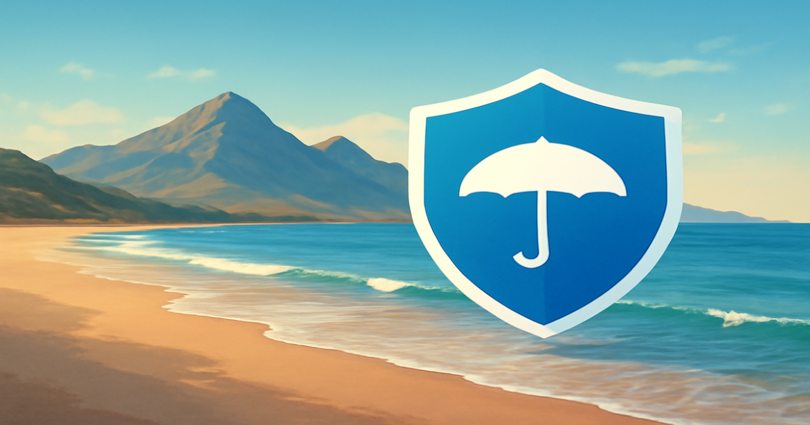 A beautiful beach and mountain scene illustrating the importance of страхование for travel security.