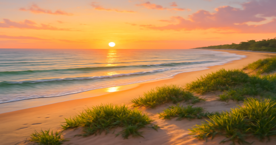 A calming beach sunset scene symbolizing the peace of mind from страхование жизни.
