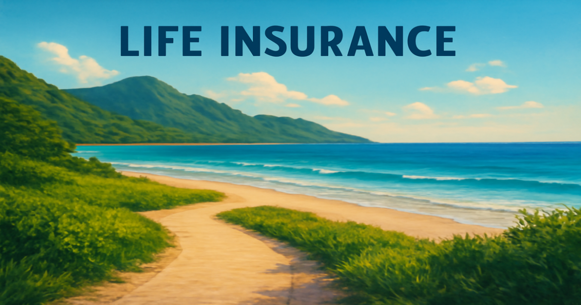 A peaceful beach landscape symbolizing страхование жизни and financial security for families.