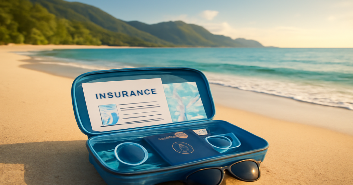 A calming beach scene with travel essentials highlighting страхование for asset protection.