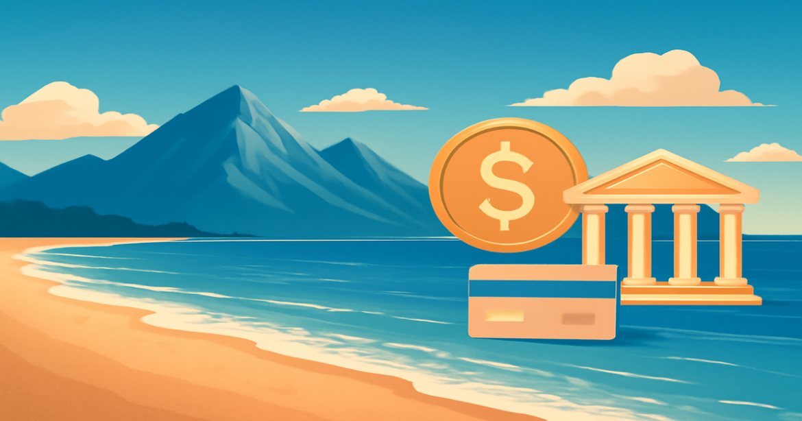 Explore types of кредитов with a serene beach and mountain landscape symbolizing financial freedom.