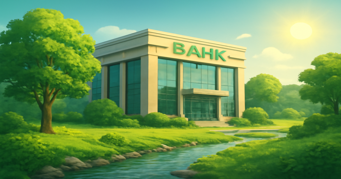A professional image representing банковские депозиты with a modern bank in a tranquil landscape.