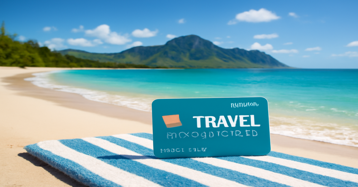 Explore top debit cards for travel with this serene beach and mountain destination image.