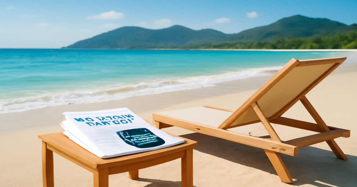 Discover high процент депозит options with this relaxing beach and mountain scene.