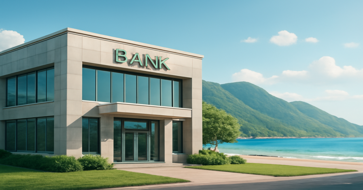 Image of a bank building symbolizing банковские счета для накоплений, set in a natural landscape.