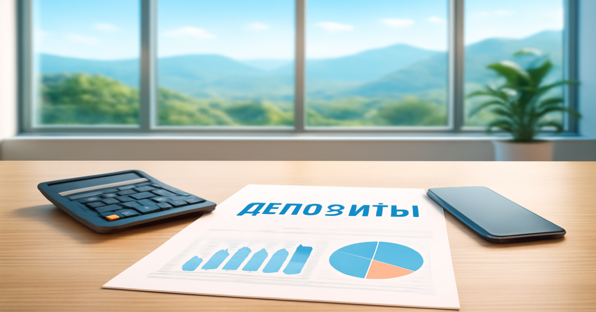 Explore депозиты in a serene bank setting with mountains and a bright, professional atmosphere.