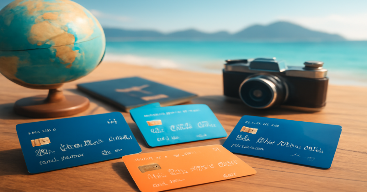 Explore different types of дебетовые карты on a travel-themed table setup.