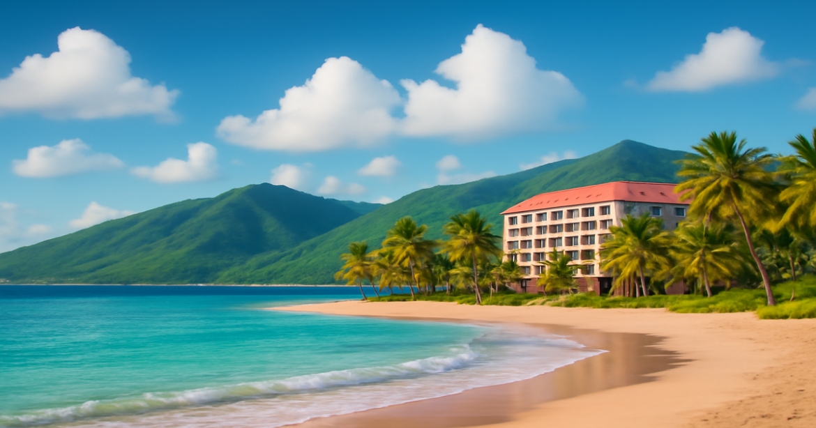 A beautiful beach landscape symbolizing investment opportunities in 2026, with mountains and a hotel.