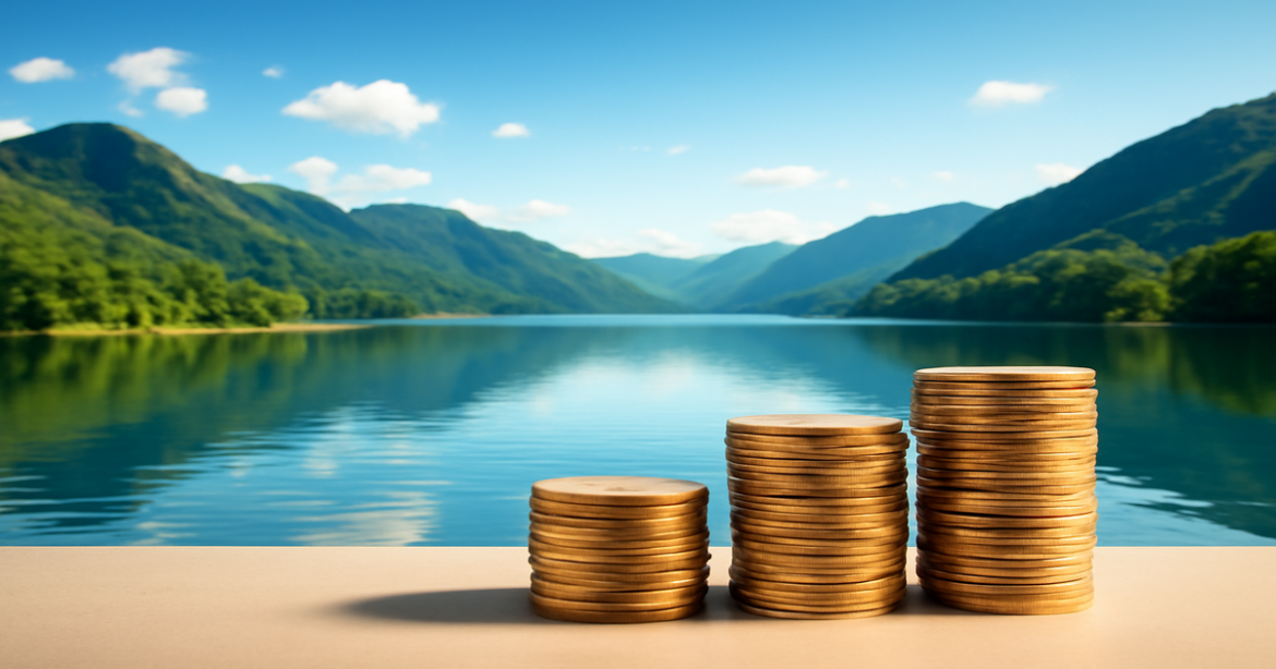 A peaceful landscape representing deposits with stacks of coins and beautiful mountains.