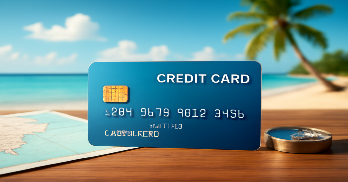 High-quality image of a credit card with travel elements, symbolizing financial management for vacations.