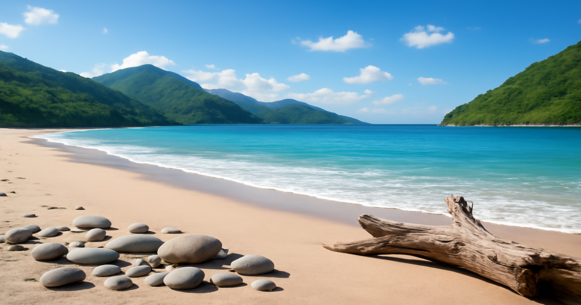 A relaxing beach scene symbolizing personal loans, featuring mountains and serene nature.