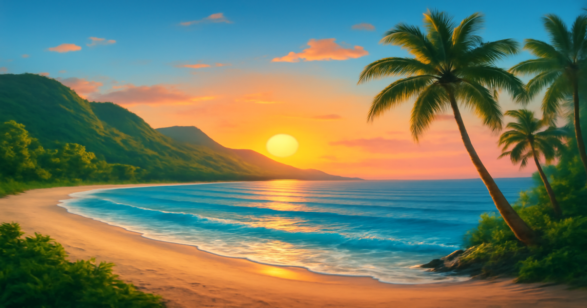 Stunning beach and mountain scene illustrating personal loans for travel and leisure.