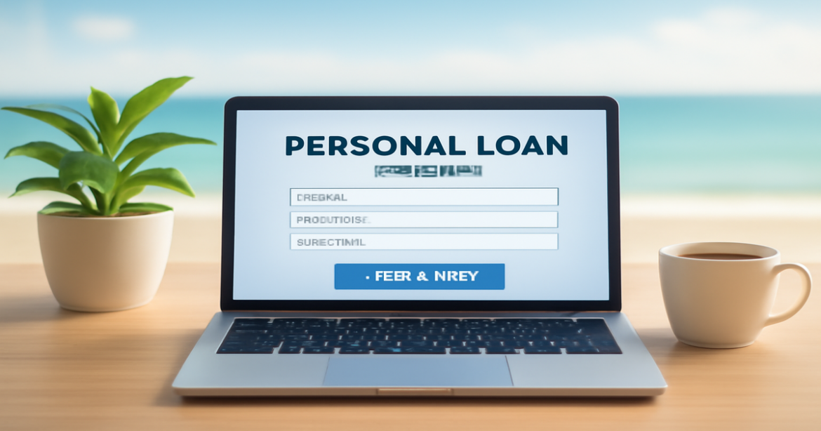 Explore личные займы in a calming financial workspace with a beach view, ideal for web use.