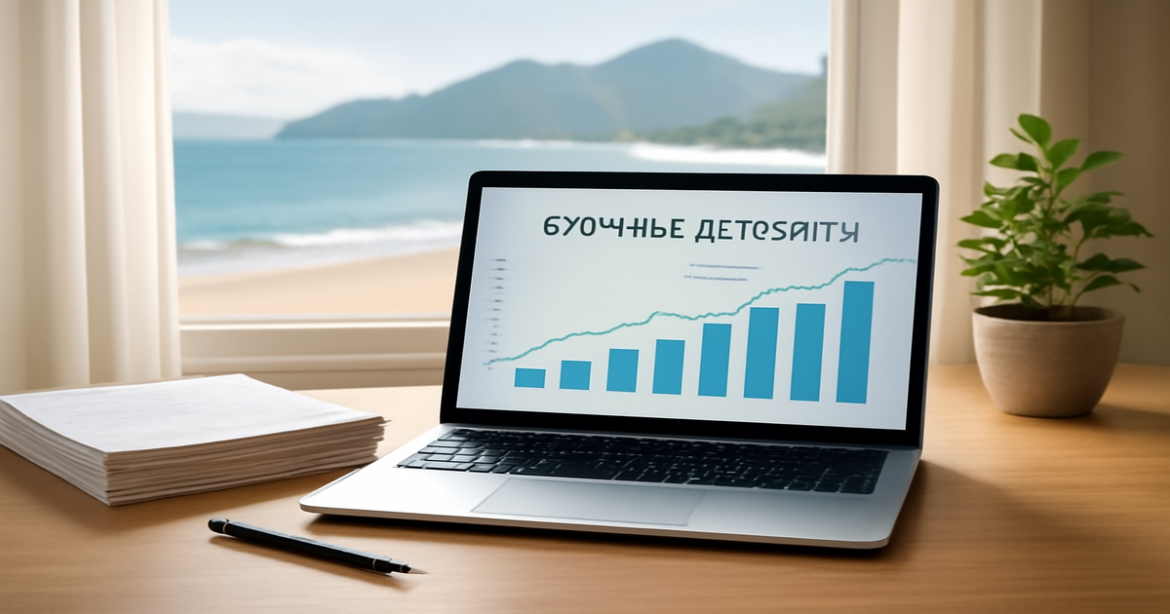 A professional image illustrating срочные депозиты with a serene financial setting and scenic views.