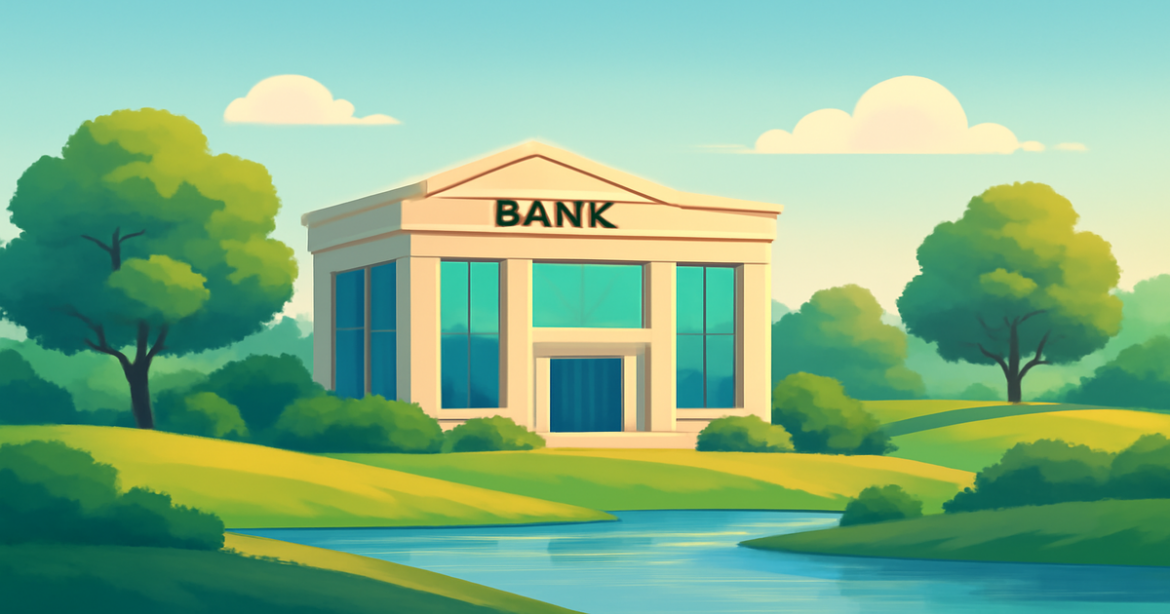 A serene bank building in nature, symbolizing банковские депозиты for financial planning.