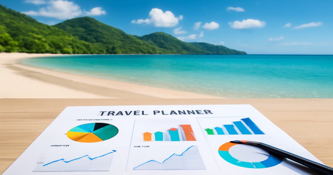 A beautiful beach and mountains illustrating financial planning for travel goals.