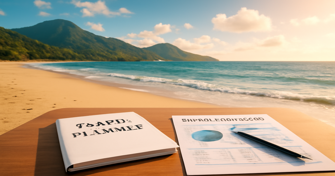 A tranquil beach scene symbolizing управление сбережениями and financial planning for travel goals.