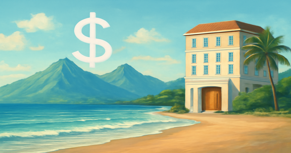 A tranquil beach and mountains symbolize финансовая грамотность and effective money management.