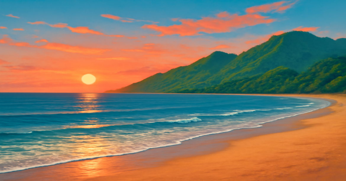 A relaxing beach scene symbolizing financial planning success with mountains in the background.