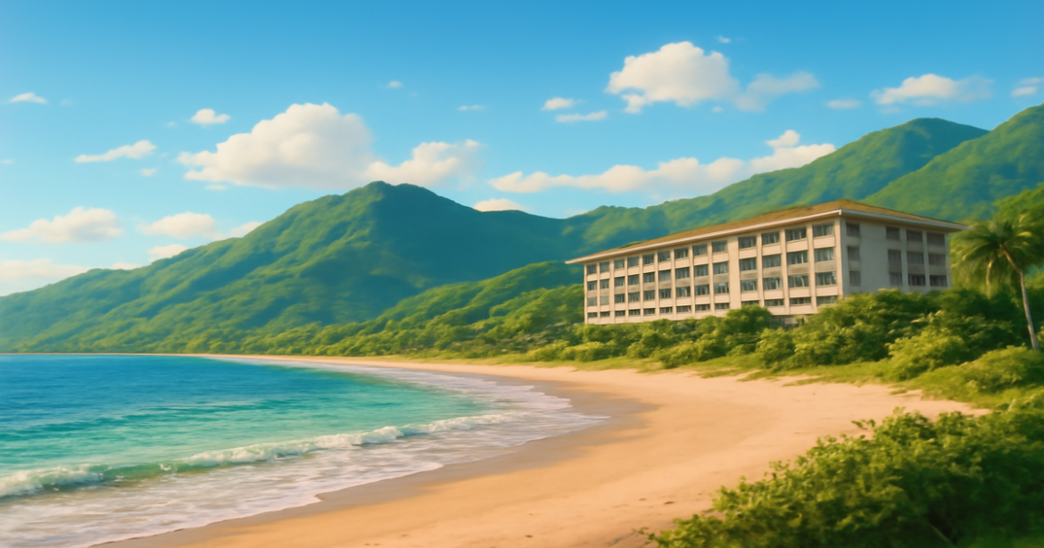 Beautiful beach and mountains illustrating financial insurance concept for asset protection.