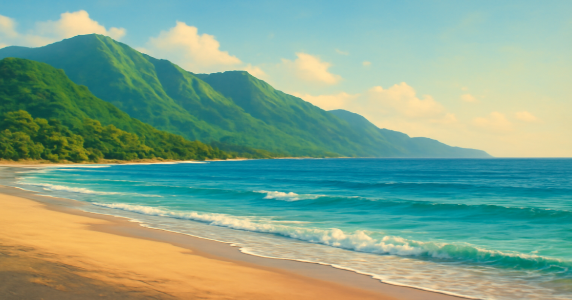 Tranquil beach and mountains scene representing инвестирование в облигации for financial success.