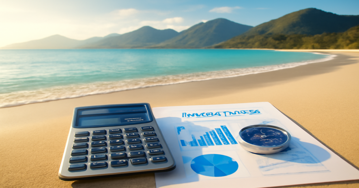 A relaxing beach scene with investment items, symbolizing the journey of инвестиции.