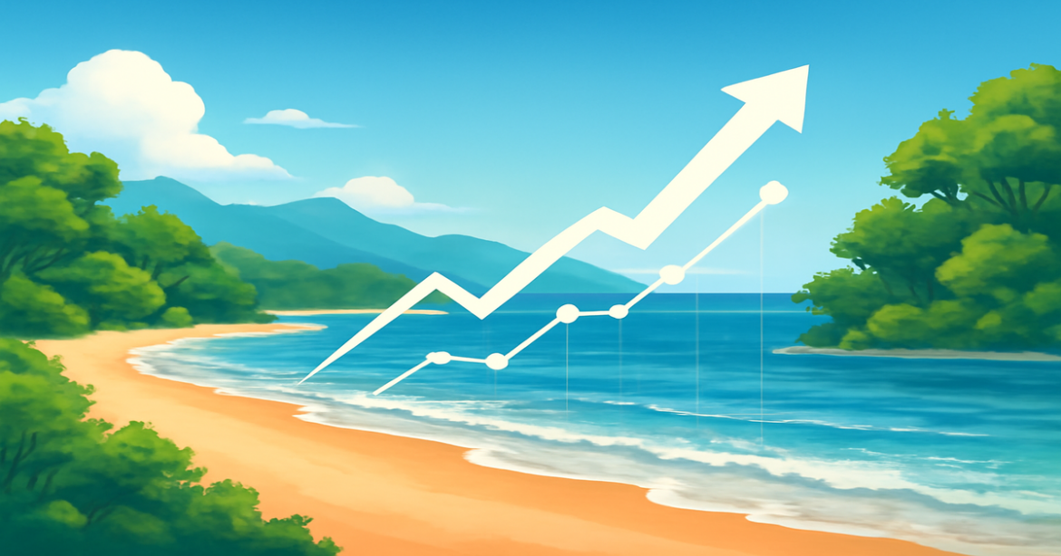 Investments in funds represented by a peaceful beach and mountains, ideal for financial planning.