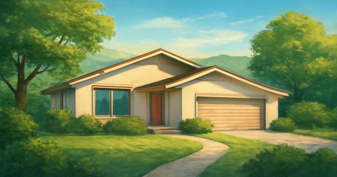A tranquil home landscape representing ипотека and financial planning, evoking serenity and stability.