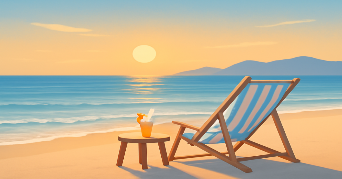 A relaxing beach scene representing savings on a депозитный счёт with serene colors and inviting atmosphere.
