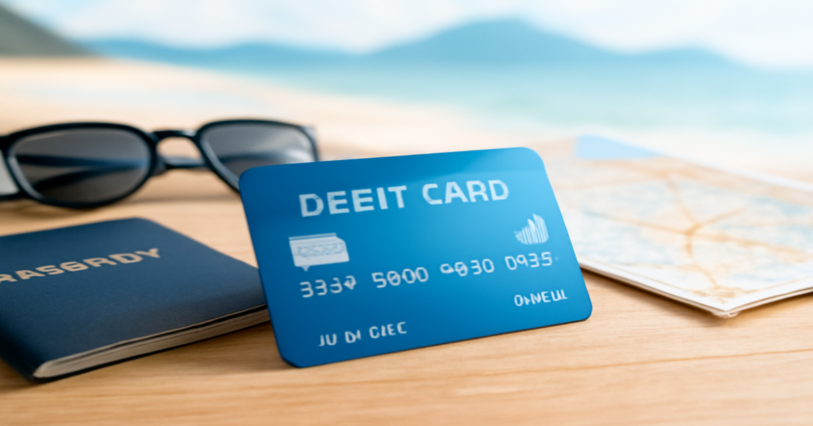 Discover the benefits of debit cards with this professional travel-themed image.