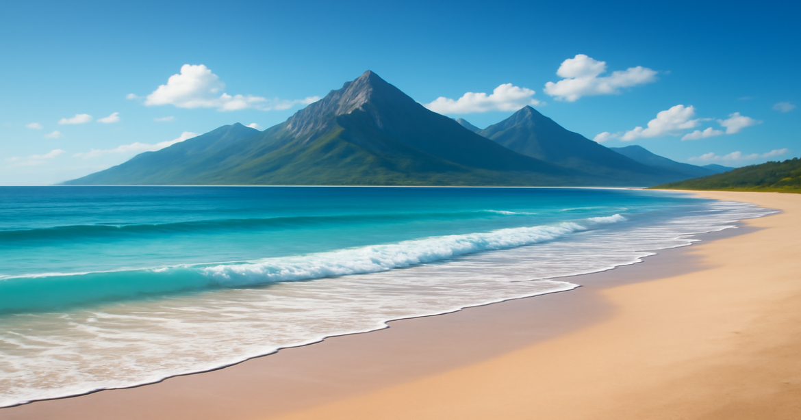 A relaxing beach and mountain scene representing разумное инвестирование в инвестиционные инструменты.