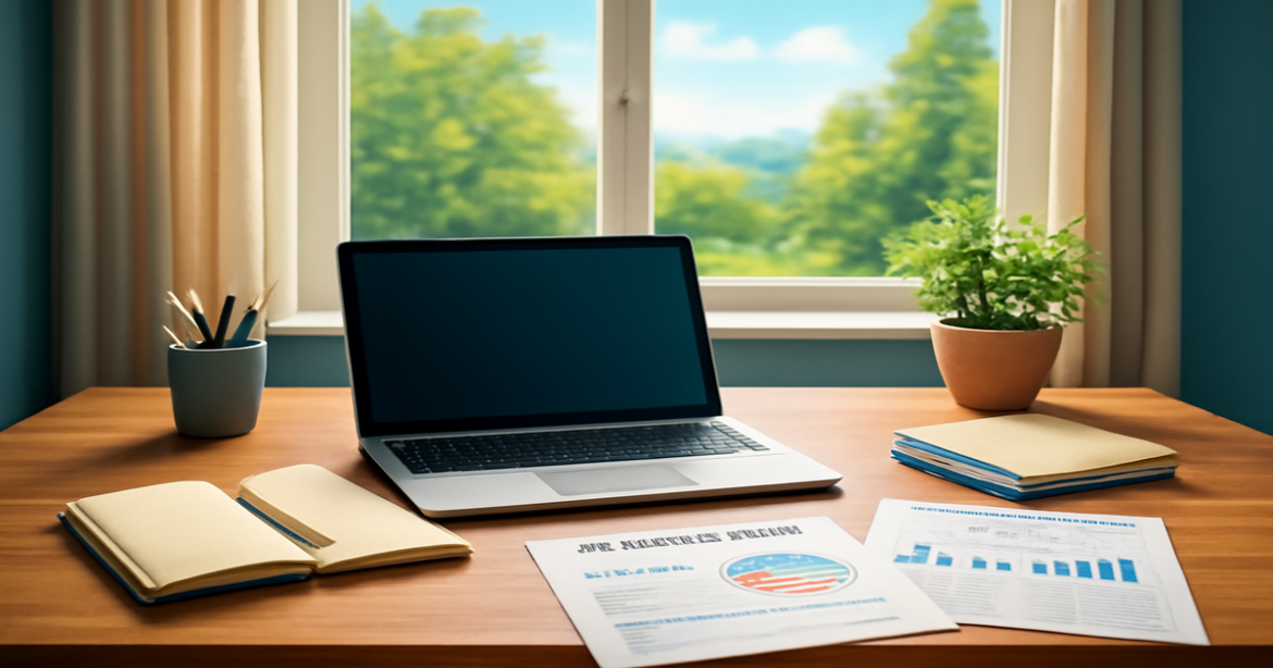 A tranquil home office scene illustrating the concept of семейный бюджет and financial planning.