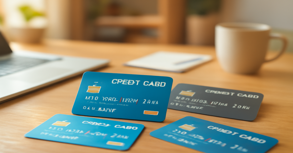Image depicting выбор банковской карты with debit and credit cards on a desk, symbolizing financial management.