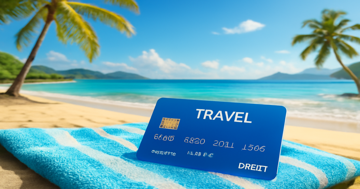 A debit card for travel on a beach towel, symbolizing smart travel spending and relaxation.
